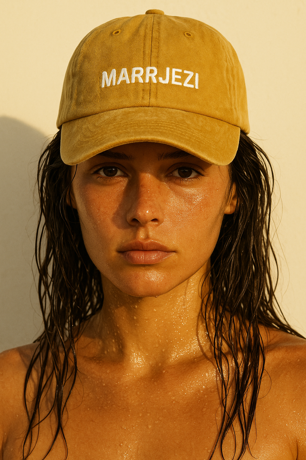 Woman in stonewashed yellow summer hat, relaxed hair and golden hour glow
