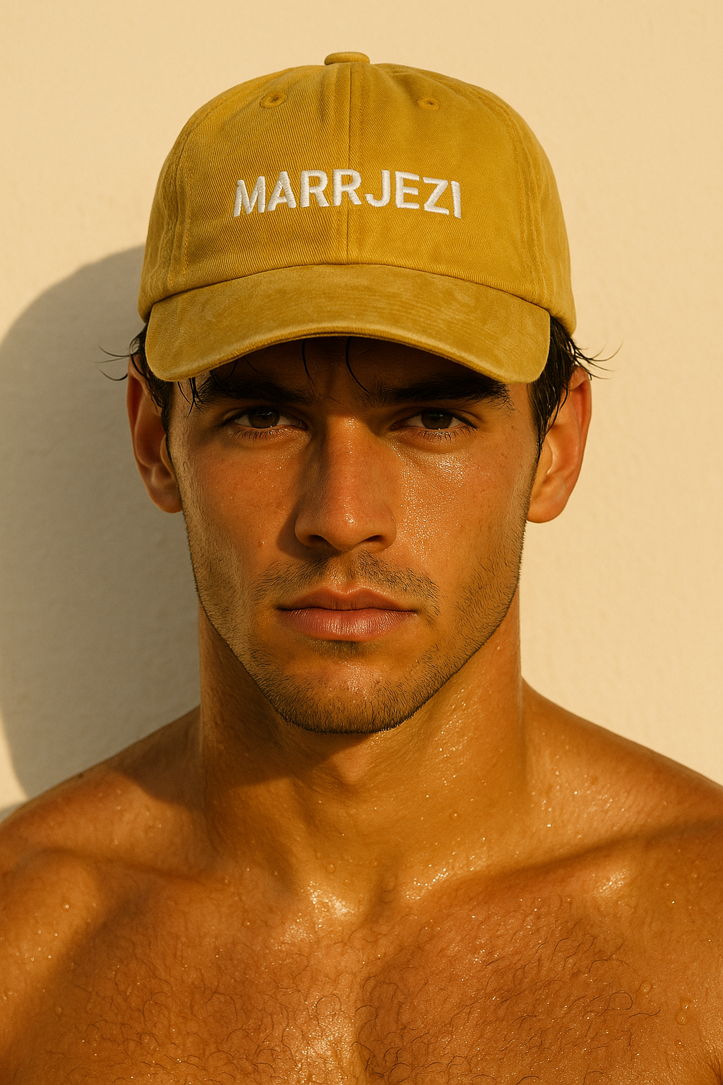 Man in sun-faded yellow cap, breathable cotton — effortless Mediterranean summer look