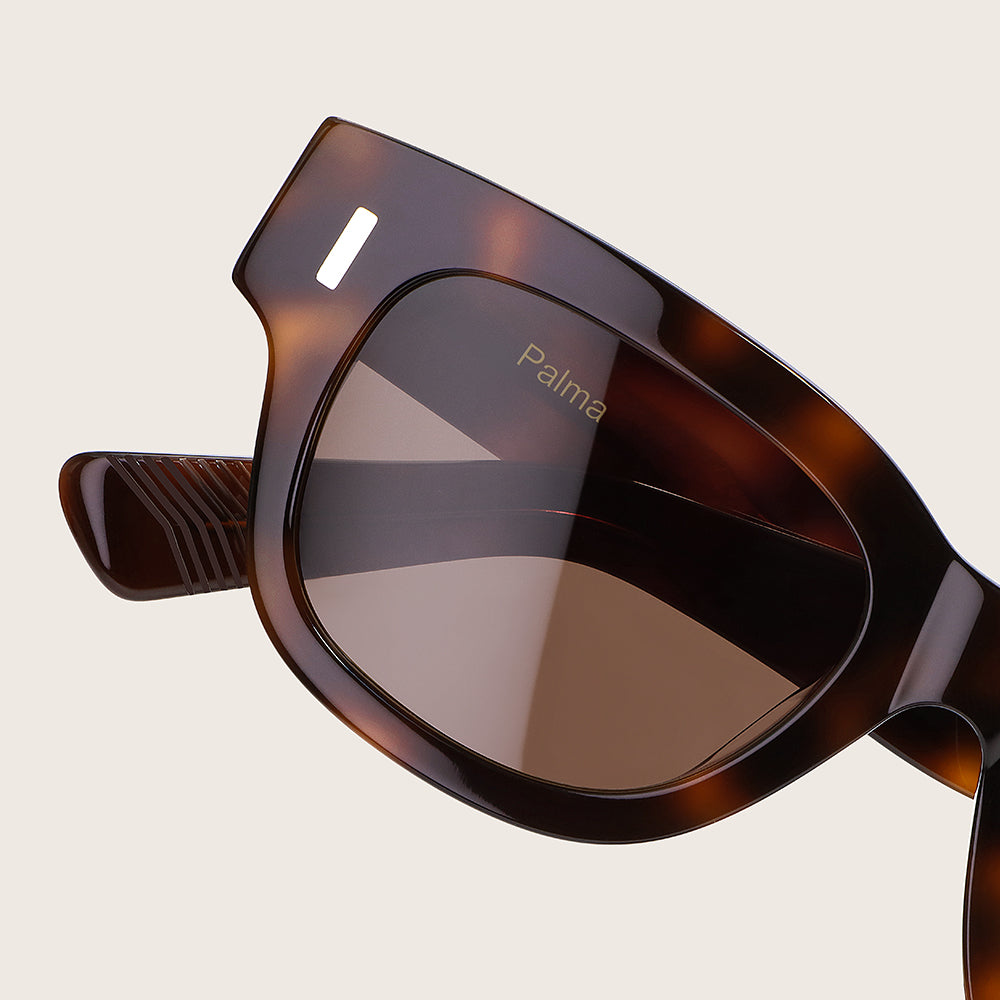Brown sunglasses with 'Palma' branding on a light beige background