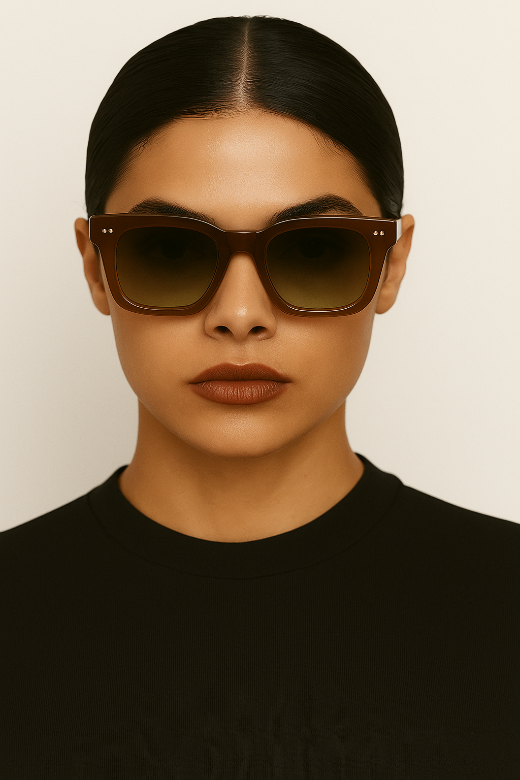 Person wearing brown sunglasses against a beige background