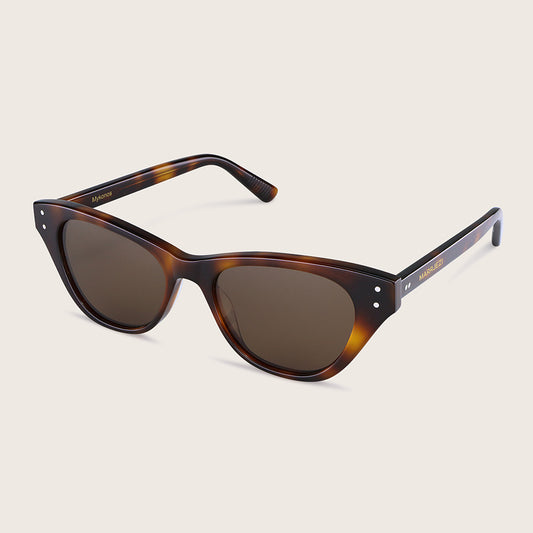 Tortoiseshell sunglasses with dark lenses on a beige background