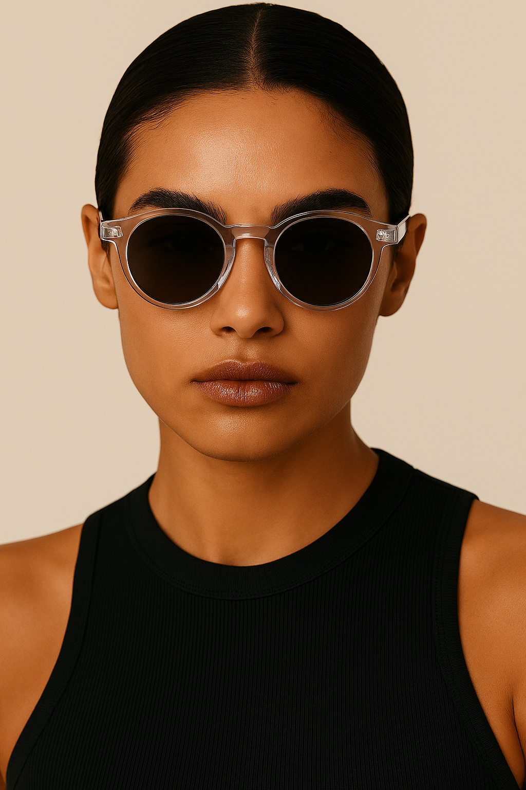 Woman wearing round sunglasses with a neutral background