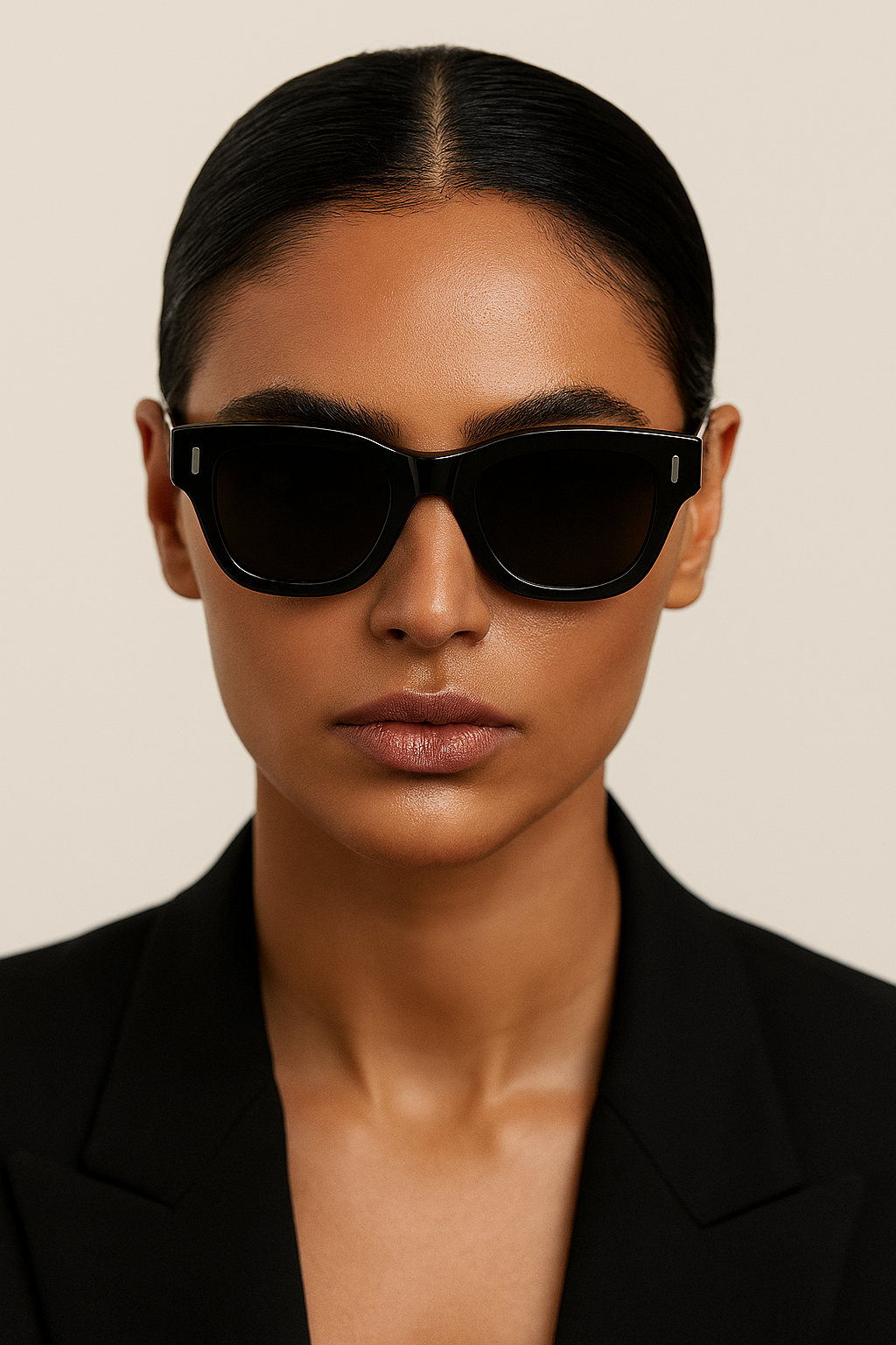 Woman wearing black sunglasses against a beige background