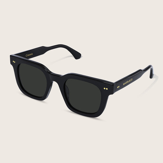 Black sunglasses with gold accents on a light beige background