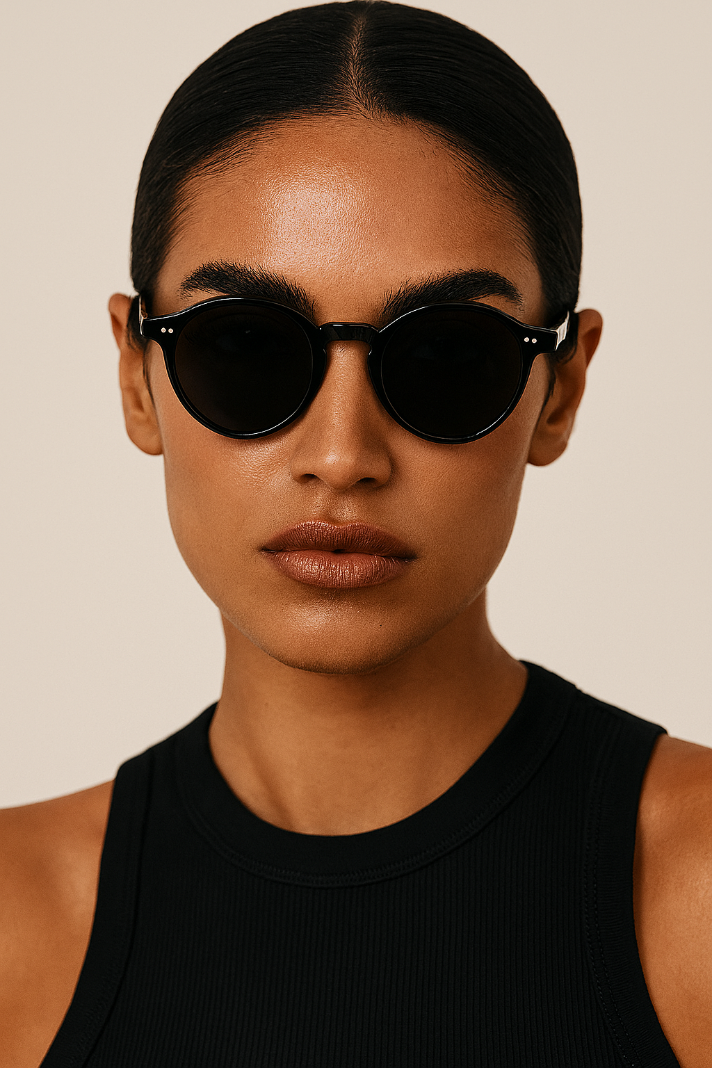 Person wearing black sunglasses and a black sleeveless top against a beige background