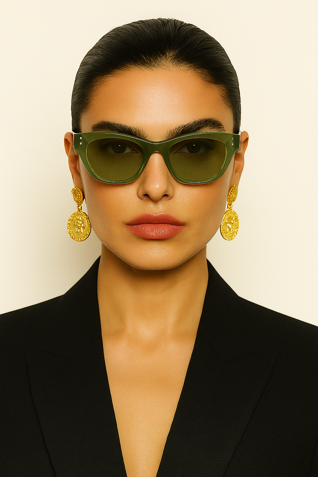 Woman wearing green sunglasses and gold earrings against a beige background