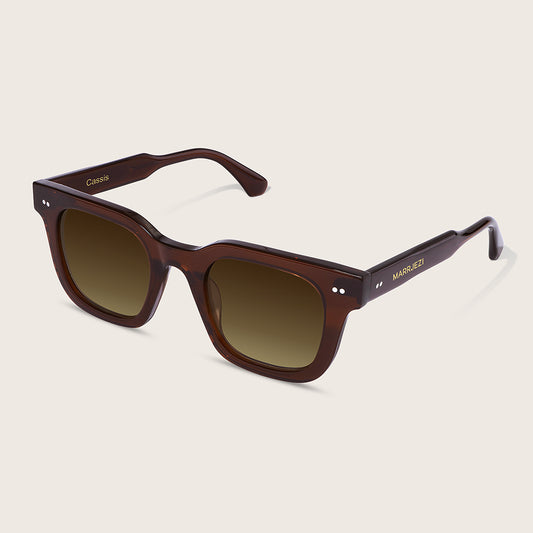 Brown sunglasses with a gradient lens on a beige background