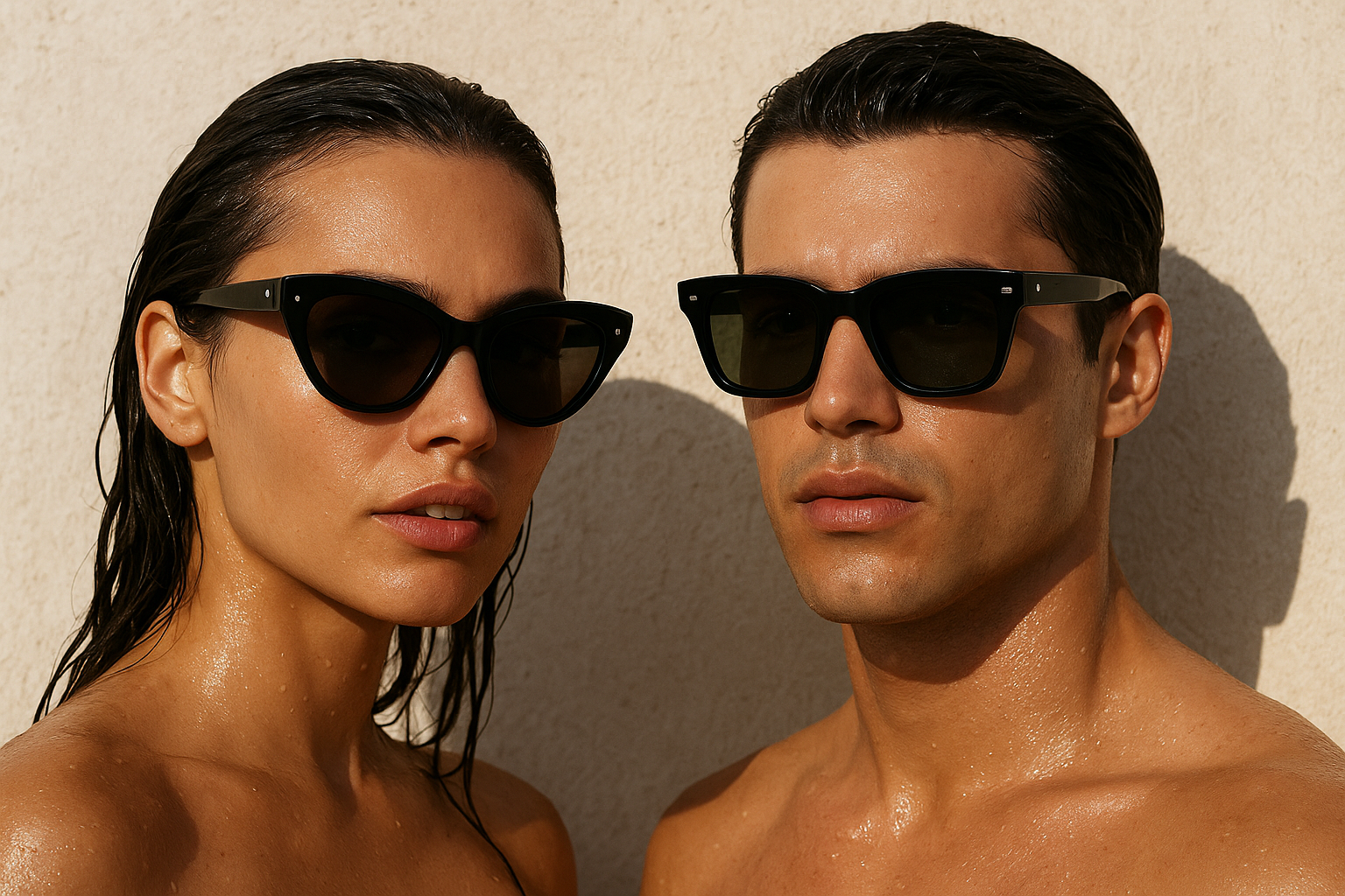 Two people wearing sunglasses against a beige wall