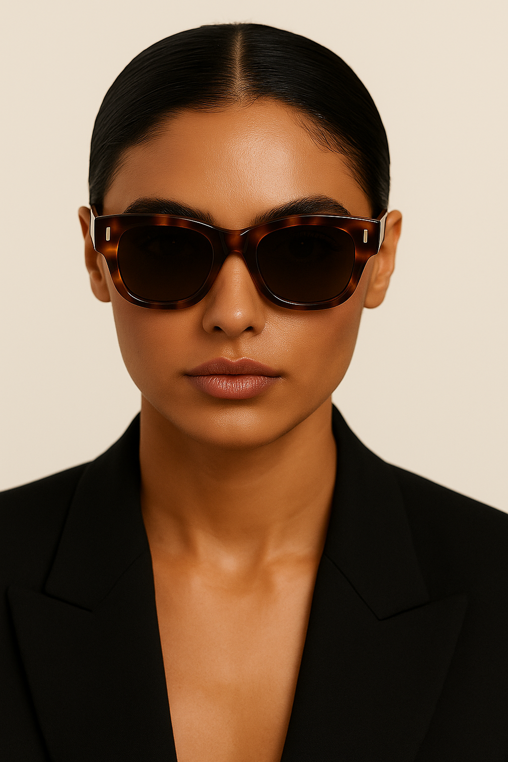 Woman wearing tortoiseshell sunglasses against a beige background