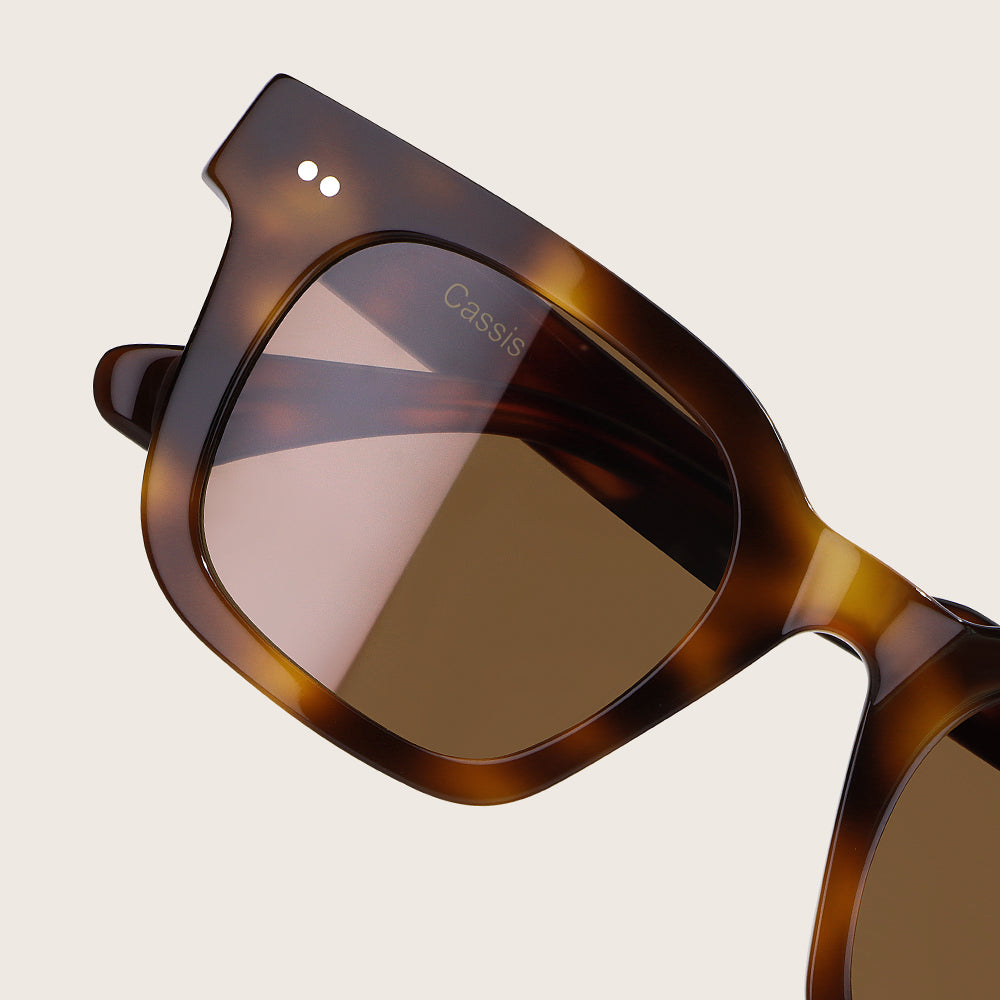 Sunglasses with tortoiseshell frame and brown lenses on a beige background