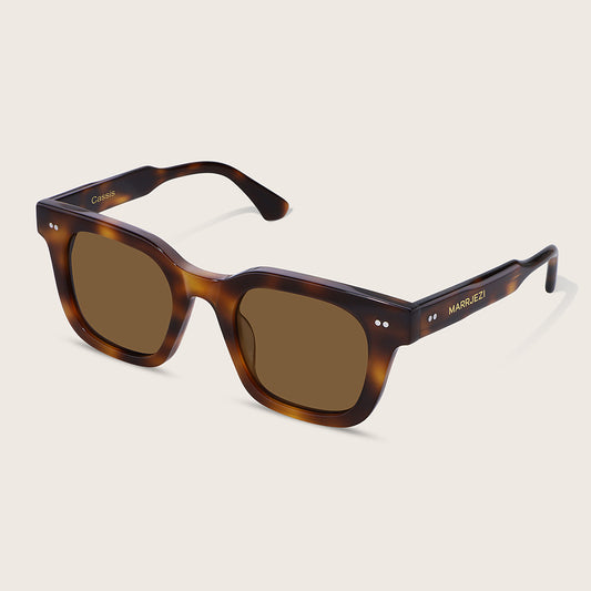 Sunglasses with tortoiseshell frame and brown lenses on a beige background