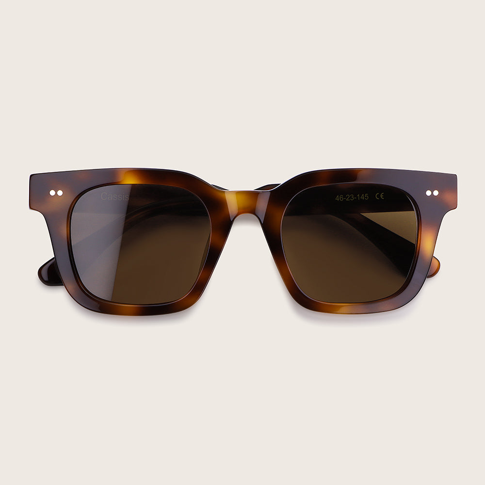 Sunglasses with tortoiseshell frame and dark lenses on a light beige background