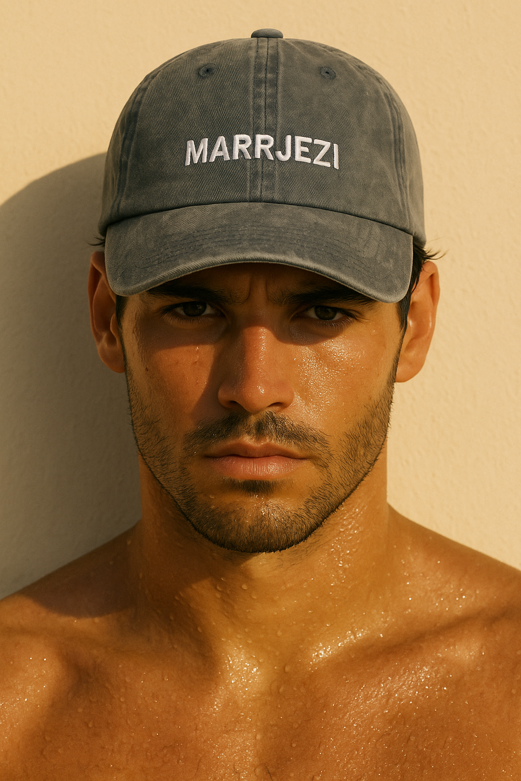 Man in stonewashed grey summer cap, cool and effortless look for coastal days