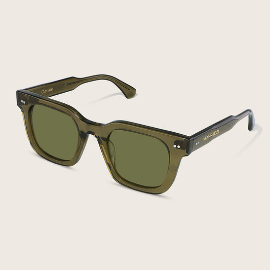 Green sunglasses with a clear background