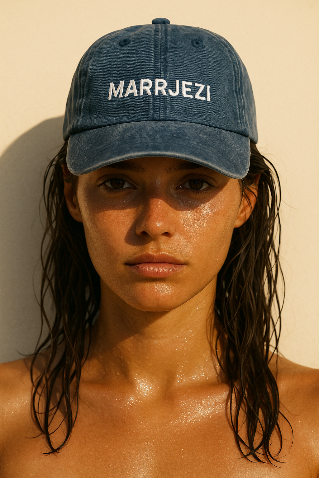 Woman in unisex blue Mediterranean summer hat, sunlit hair and relaxed coastal look