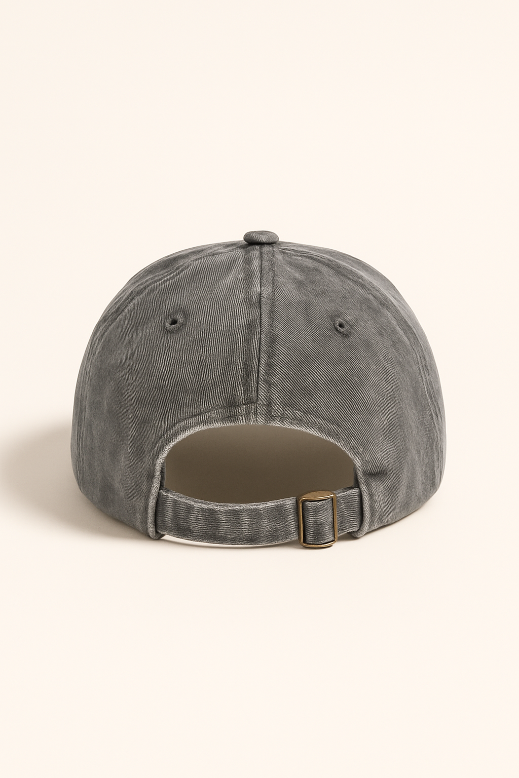 Back view of salt-washed grey cap with brass hardware — minimalist summer design
