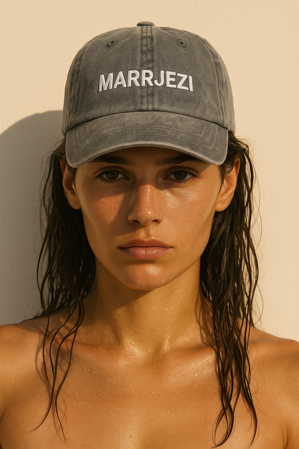 Woman wearing a gray cap with 'MARRJEZI' text against a beige background