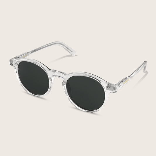 Clear frame sunglasses with black lenses on a light gray background