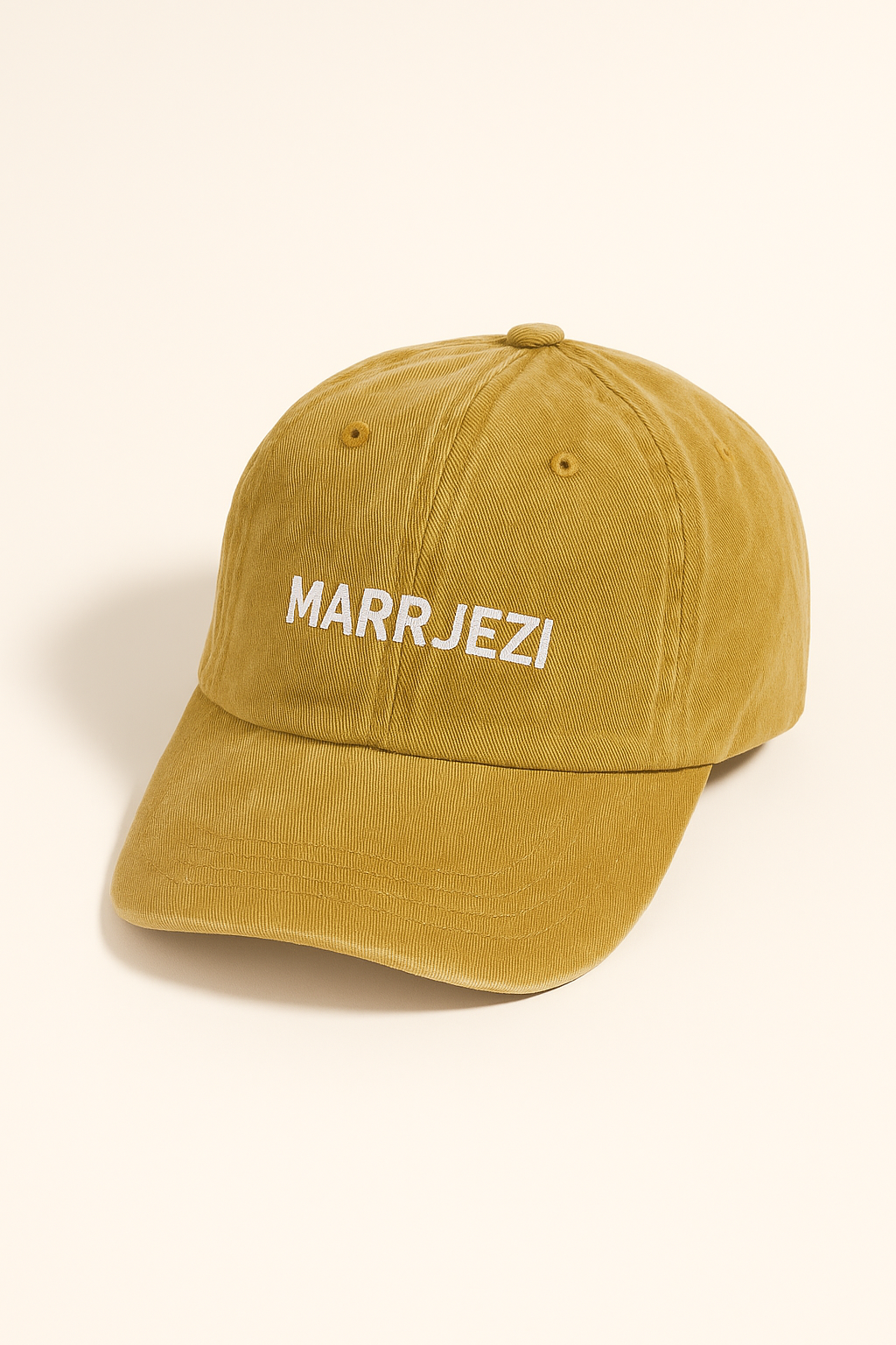 3/4 angle of salt-washed yellow cotton cap — lightweight, breathable, adjustable fit