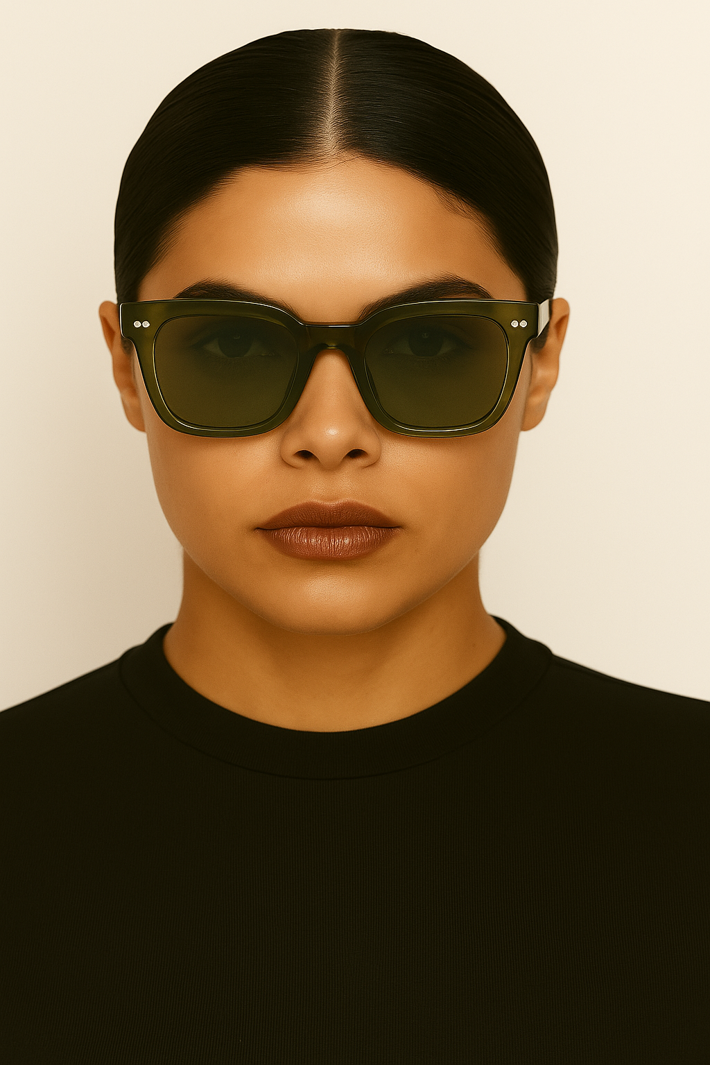 Person wearing dark sunglasses against a beige background