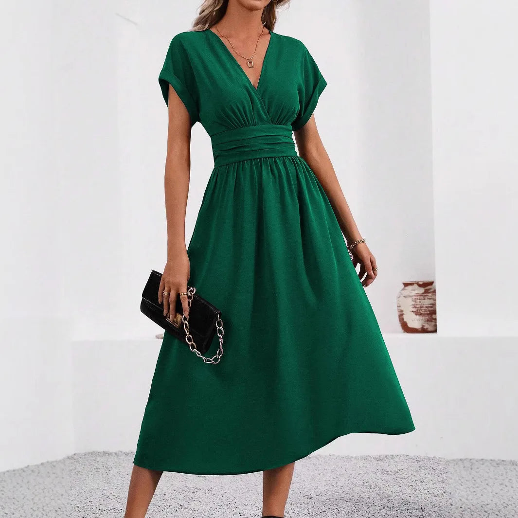 A New Solid Color Overlapping V-neck Batsleeved Pleated Long Elegant and Simple Dress for Women in Spring and Summer 2025