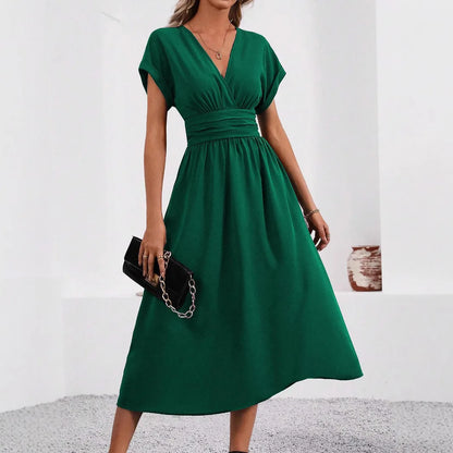 A New Solid Color Overlapping V-neck Batsleeved Pleated Long Elegant and Simple Dress for Women in Spring and Summer 2025