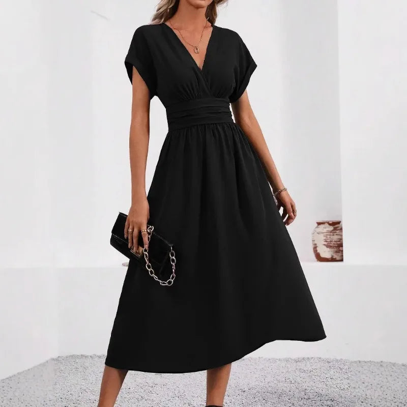 A New Solid Color Overlapping V-neck Batsleeved Pleated Long Elegant and Simple Dress for Women in Spring and Summer 2025