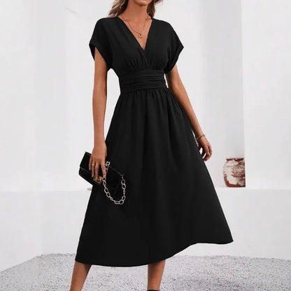 A New Solid Color Overlapping V-neck Batsleeved Pleated Long Elegant and Simple Dress for Women in Spring and Summer 2025