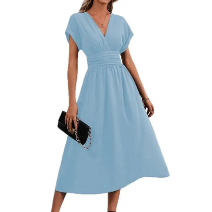A New Solid Color Overlapping V-neck Batsleeved Pleated Long Elegant and Simple Dress for Women in Spring and Summer 2025