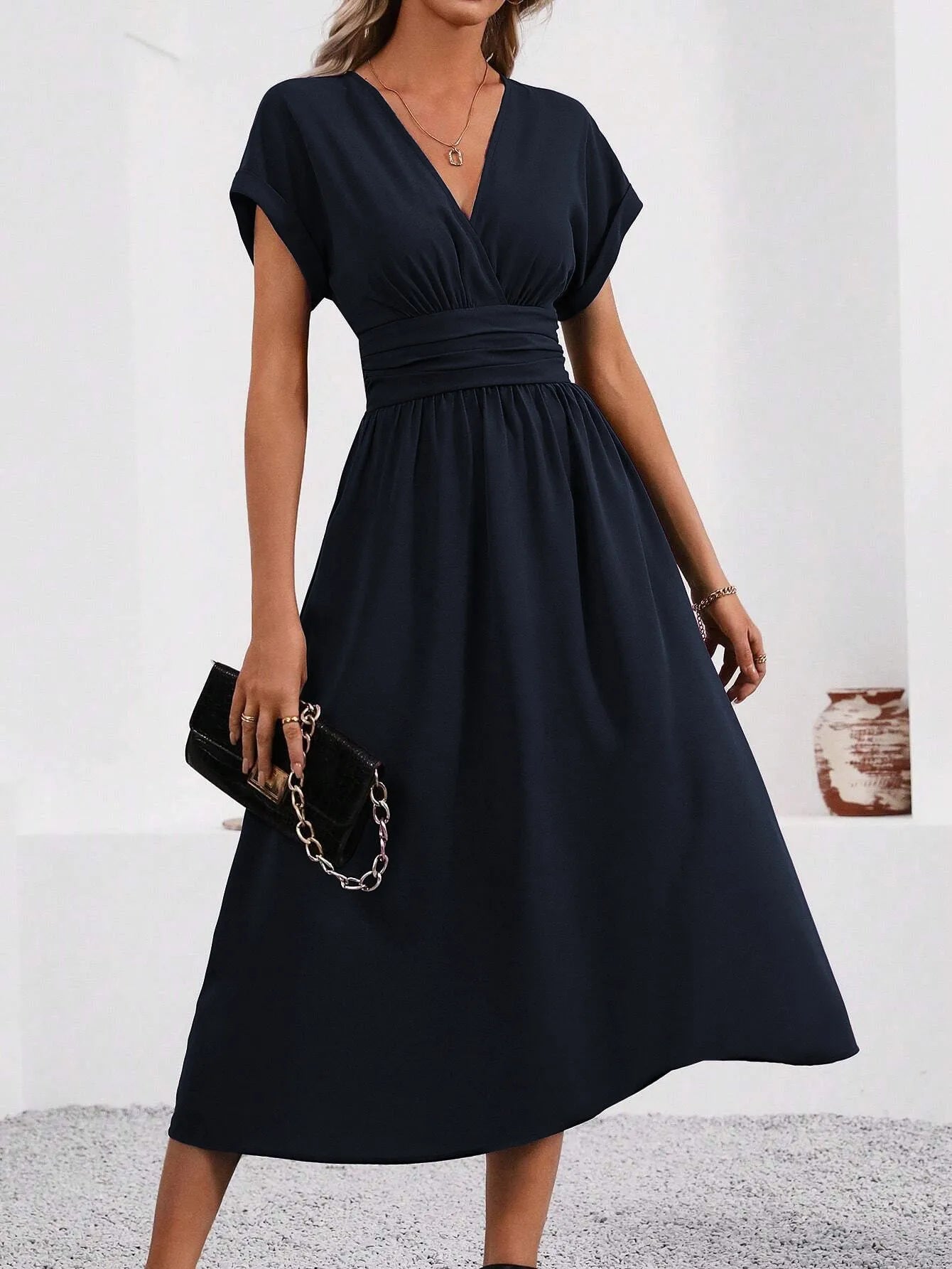 A New Solid Color Overlapping V-neck Batsleeved Pleated Long Elegant and Simple Dress for Women in Spring and Summer 2025