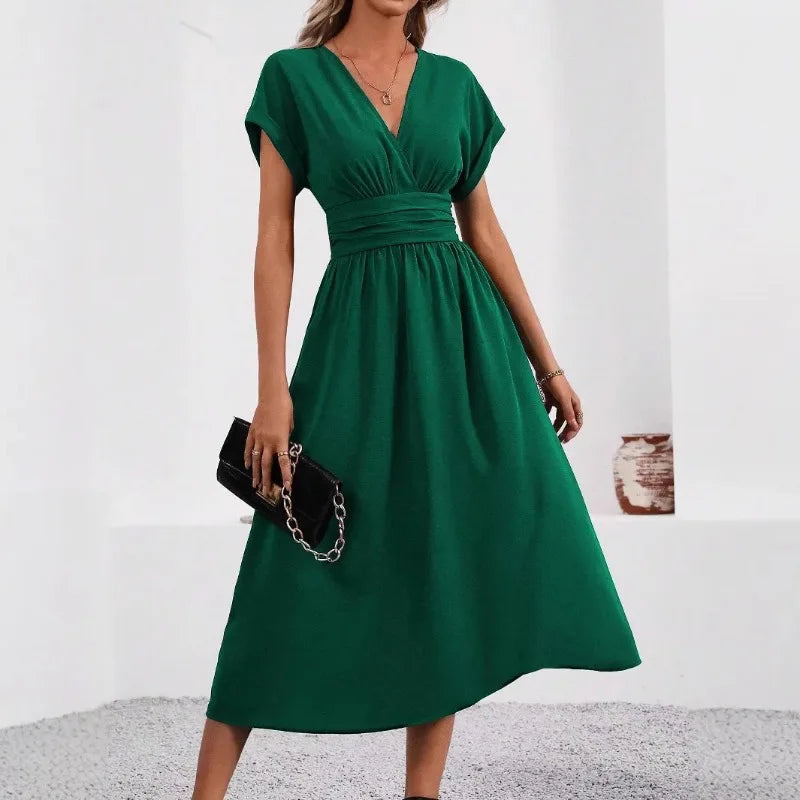 A New Solid Color Overlapping V-neck Batsleeved Pleated Long Elegant and Simple Dress for Women in Spring and Summer 2025