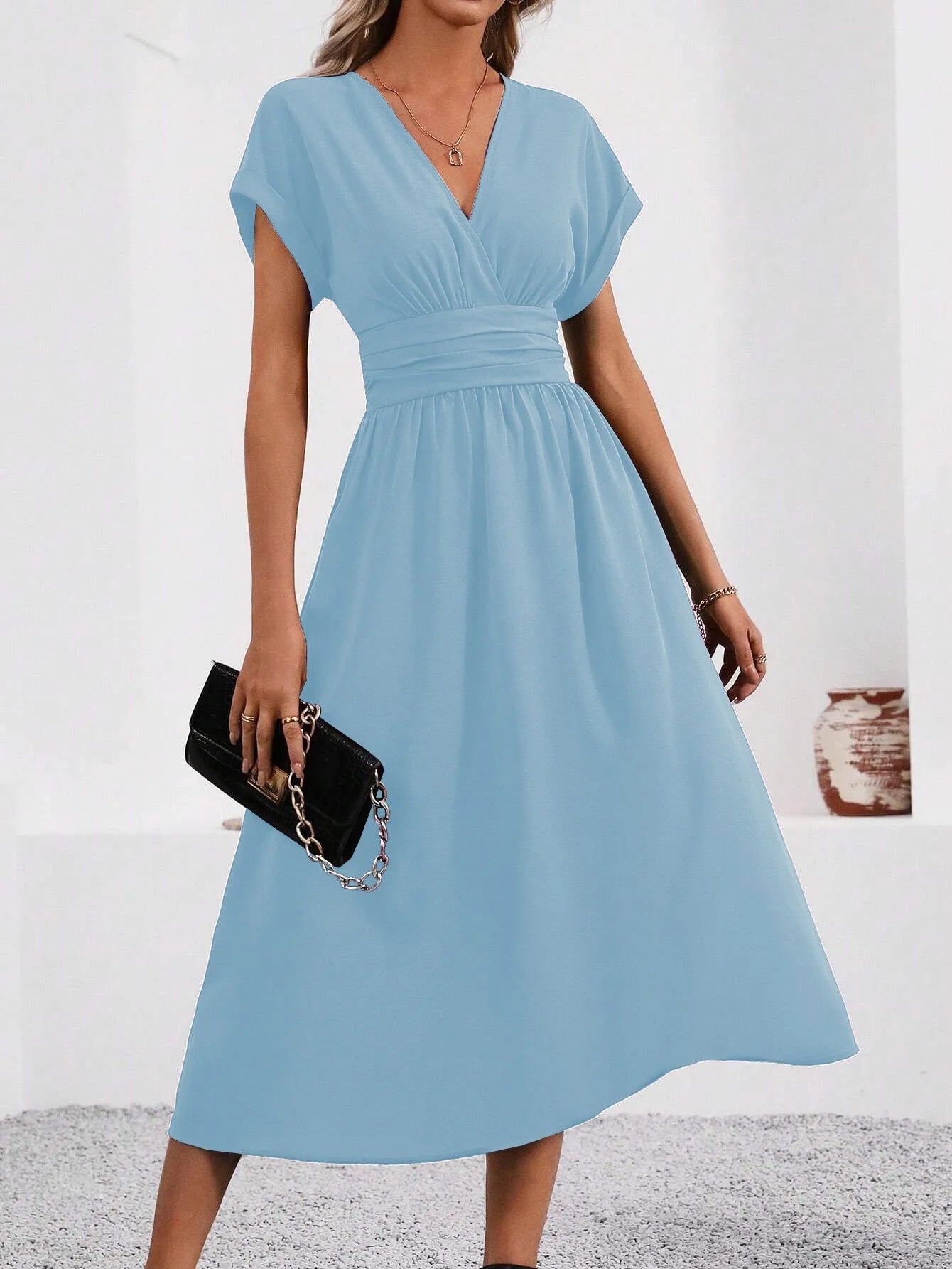 A New Solid Color Overlapping V-neck Batsleeved Pleated Long Elegant and Simple Dress for Women in Spring and Summer 2025