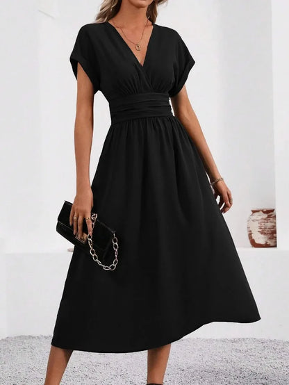 A New Solid Color Overlapping V-neck Batsleeved Pleated Long Elegant and Simple Dress for Women in Spring and Summer 2025