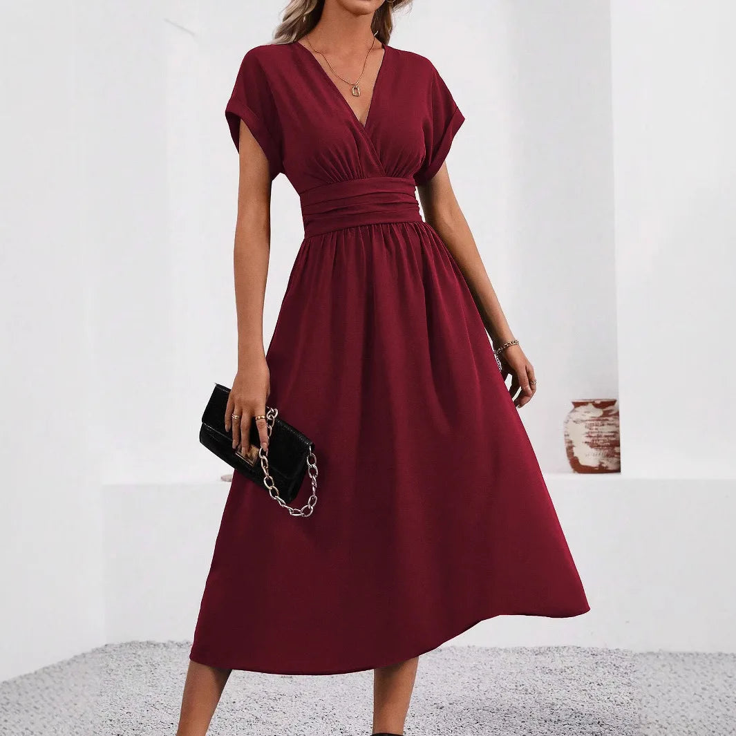 A New Solid Color Overlapping V-neck Batsleeved Pleated Long Elegant and Simple Dress for Women in Spring and Summer 2025