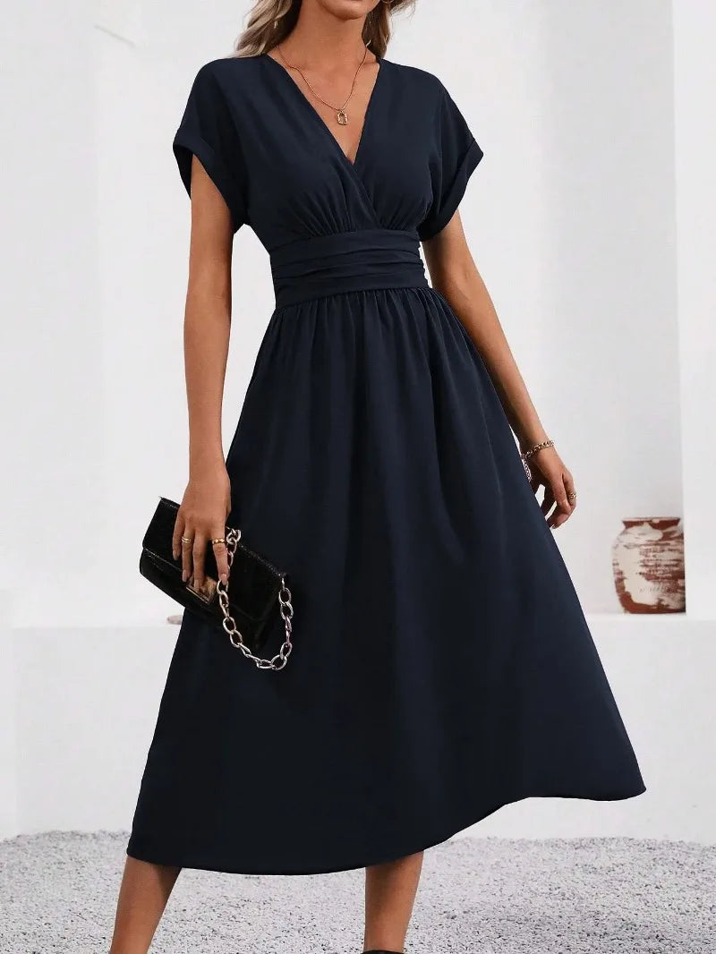 A New Solid Color Overlapping V-neck Batsleeved Pleated Long Elegant and Simple Dress for Women in Spring and Summer 2025