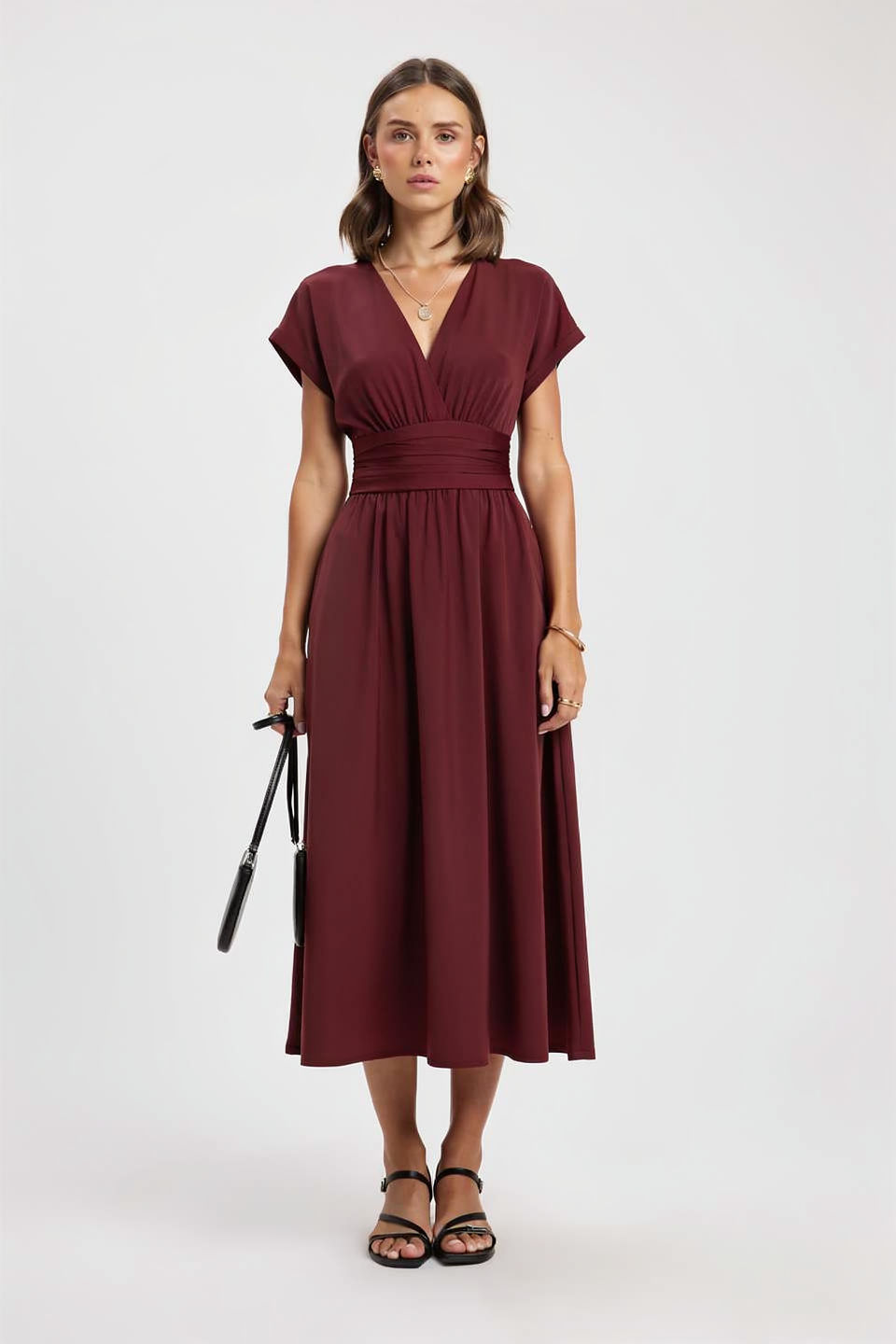 A New Solid Color Overlapping V-neck Batsleeved Pleated Long Elegant and Simple Dress for Women in Spring and Summer 2025