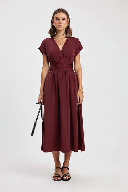 A New Solid Color Overlapping V-neck Batsleeved Pleated Long Elegant and Simple Dress for Women in Spring and Summer 2025