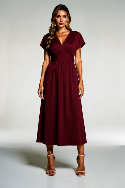 A New Solid Color Overlapping V-neck Batsleeved Pleated Long Elegant and Simple Dress for Women in Spring and Summer 2025